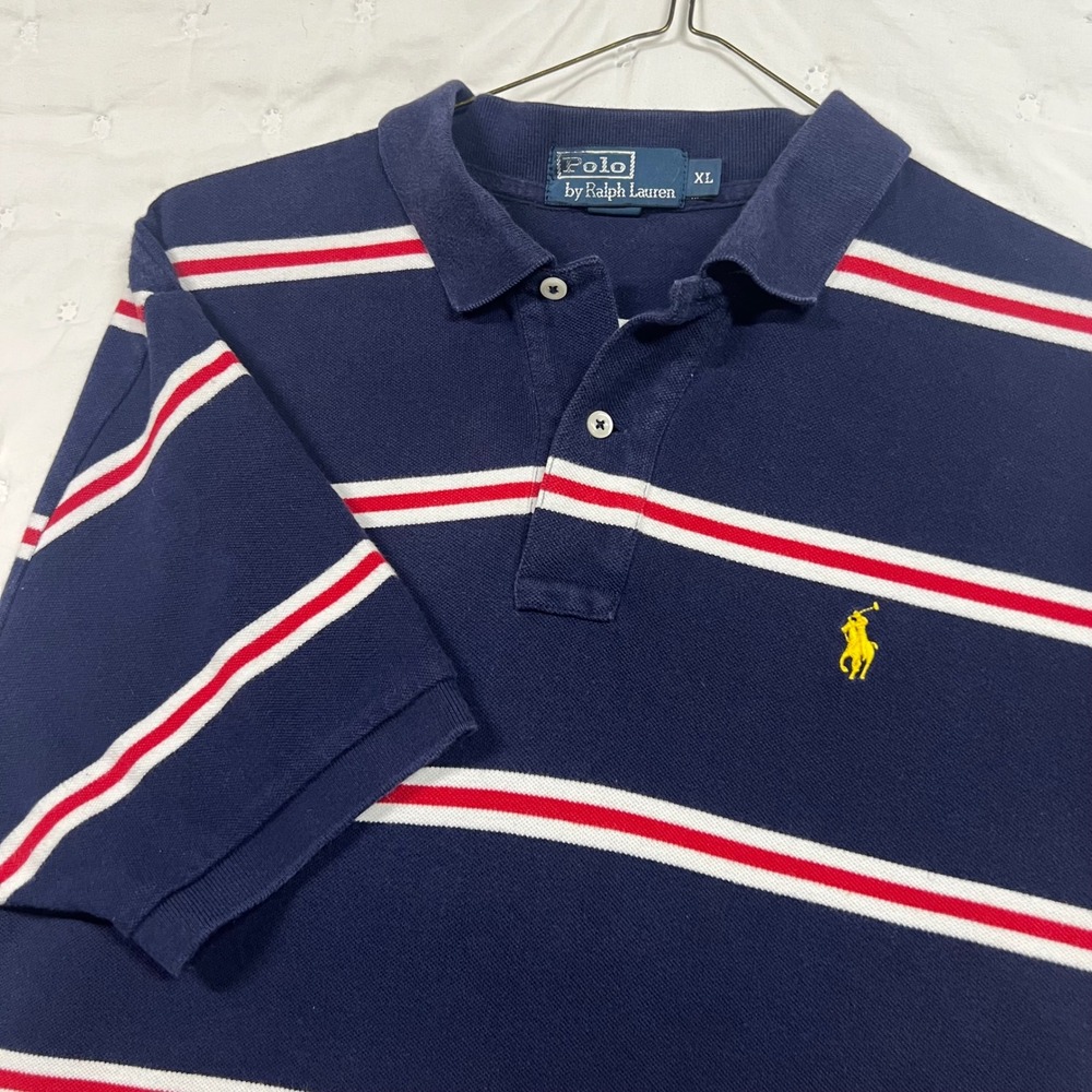 Polo Ralph Lauren Mens XL Navy Red White Striped Short Sleeve Pique Polo Shirt - Picture 5 of 9